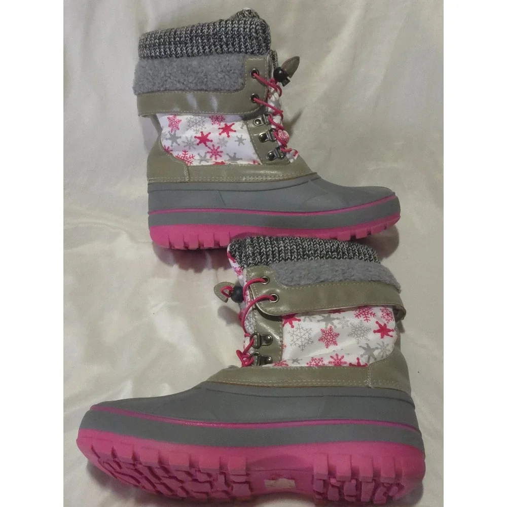 Dream Pairs KMONTE-1 Kids Snow Boots Pink Grey Snowflake Duck Boots Size 6 EUC
